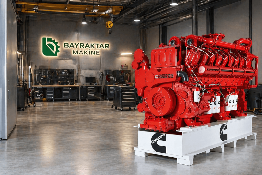 Large red Cummins engine mounted on a white pallet in a modern workshop Bayraktar Makine signage on the wall behind it