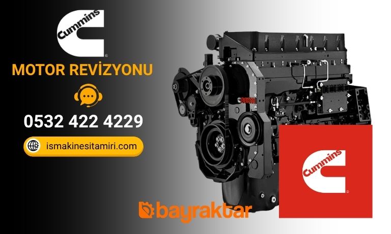 Cummins engine on a gradient background with Turkish MOTOR REVIZYONU phone 0532 422 4229 and ismakkinesitamiricom plus Bayrakbar logo